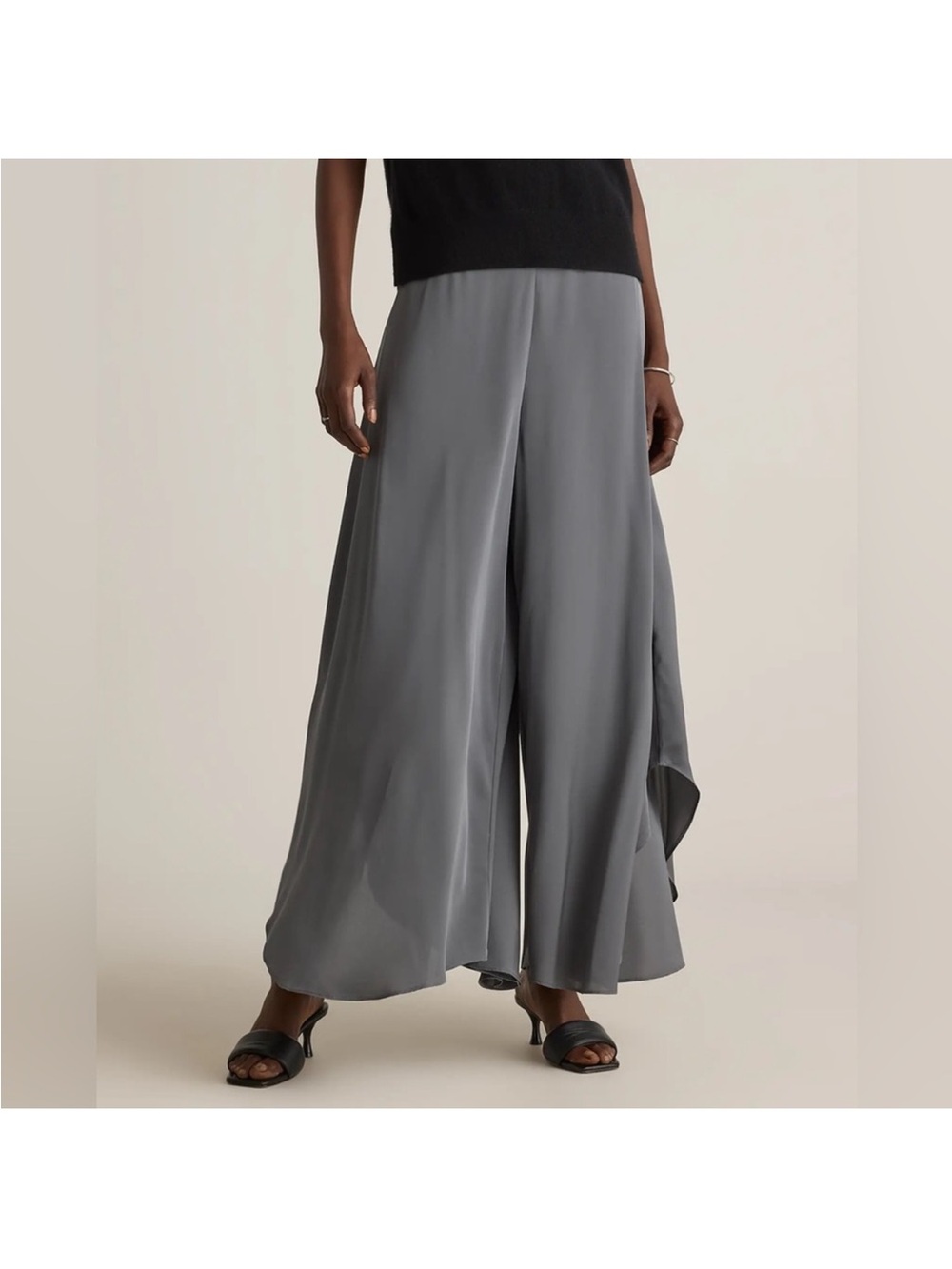 Quince Washable Stretch Silk Palazzo Pants Lava Smoke Size L Gray Wide Leg